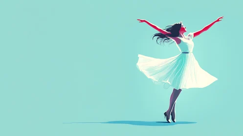 Woman in white dress stands with outstretched arms on cyan field