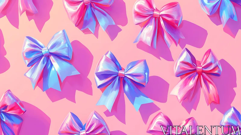 3D Rendered Iridescent Ribbon Bows with Gradient Metallic Surfaces and Soft Shadows