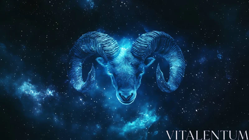 Cosmic blue ram head glows within deep starfield void.