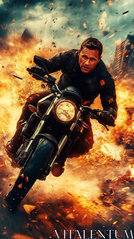 Fearless motorcyclist races through a storm of exploding fire.