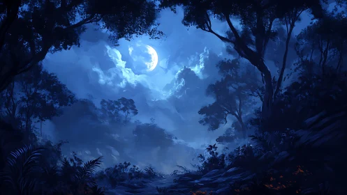 Digital moonlit forest vista with atmospheric depth rendering.