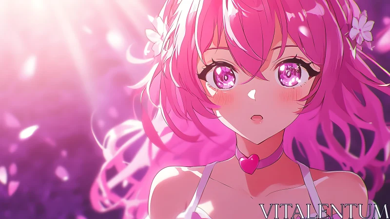 Pink haired anime girl glowing softly in dreamy light.