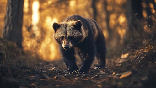 Golden-hour forest wanderer padding through ember light.