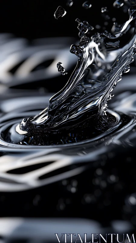 Liquid metal splash rises from dark reflective surface dramatically.