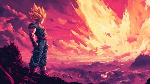 Saiyan warrior gazes over a blazing cosmic horizon.