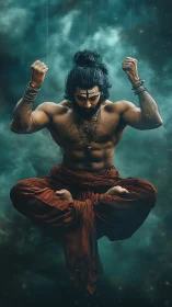 Muscular robed figure levitates against teal atmospheric background