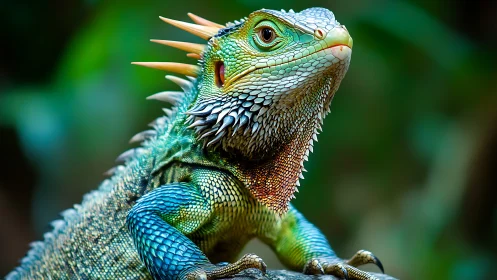 Vibrant iguana portrait with iridescent scales in jungle light.