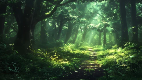 Dense coniferous forest corridor with volumetric light rays traversing layered canopy structure.