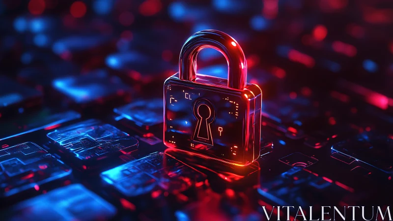 Padlock on illuminated circuit keyboard in neon lighting.