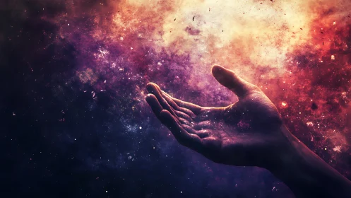 Human hand silhouette intersects multicolored nebula field