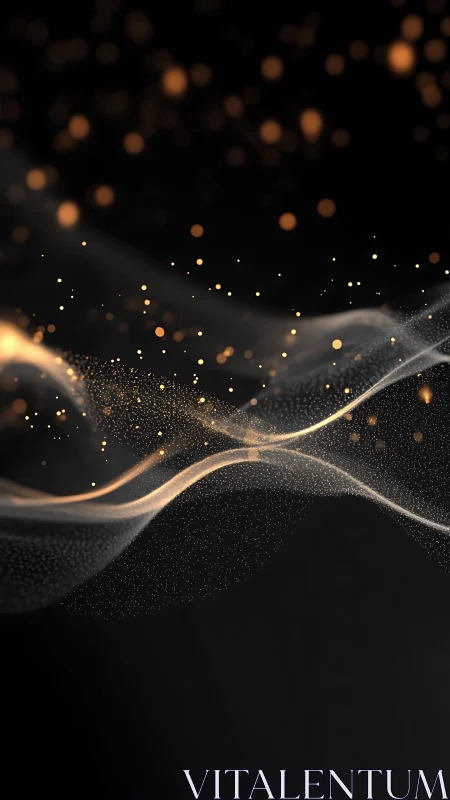 Golden particle waves flowing through dark abstract space.