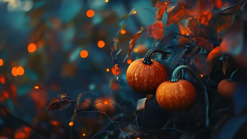 Moody shallow-focus pumpkins glow amid teal-toned foliage