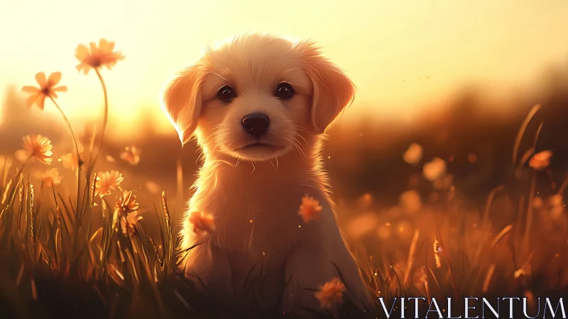 Backlit golden puppy in shallow-depth sunset meadow study.