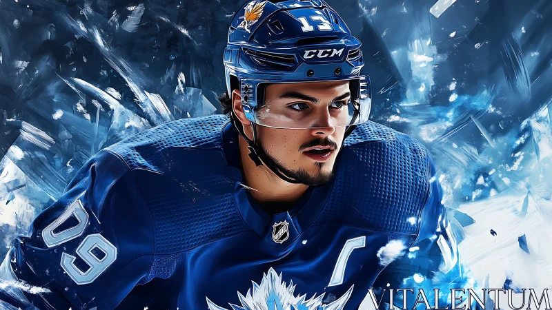 Hockey player in blue uniform rendered in digital style