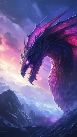 Cosmic amethyst dragon over stormlit mountain horizon.