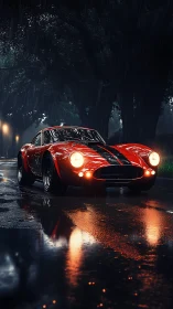 Midnight red racer prowls rain-slick city boulevard. Period.