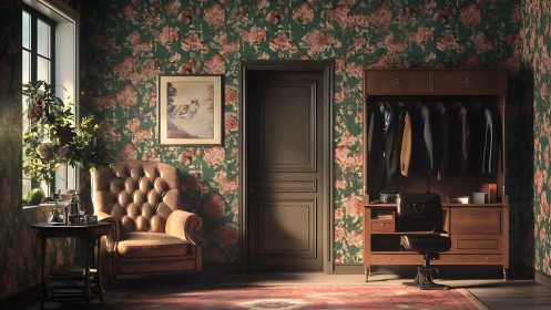 Floral wallpapered study with armchair, door and wardrobe.