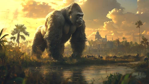 Gentle giant gorilla wandering through a golden jungle dusk.