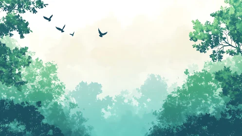 Emerald Canopy Dreams: Birds Dance Through Misty Forest Depths.
