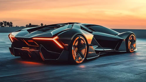 Futuristic hypercar glows against a vivid sunset horizon.