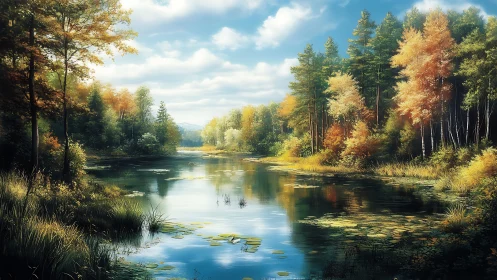 Serene forest lake under soft autumn daylight rendering.