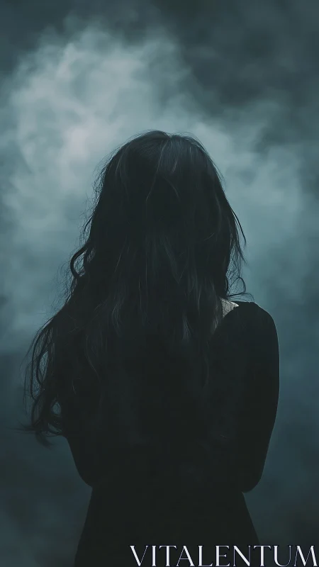 Woman in black dress stands alone before heavy fog.
