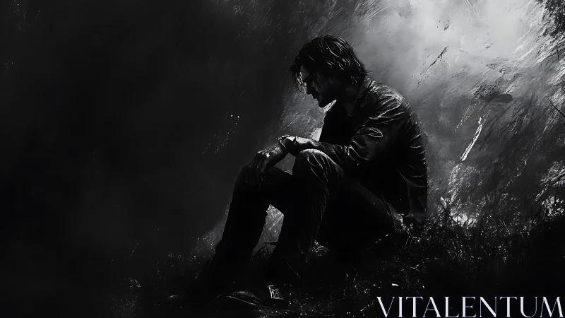 Solitary seated figure is rendered in high contrast monochrome