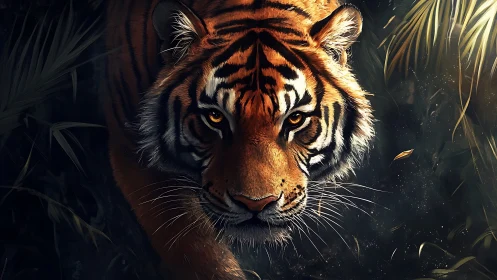 Predatory tiger emerging from shadowed jungle foliage at dusk.