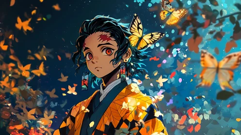 Butterfly-bright night with a thoughtful anime wanderer.