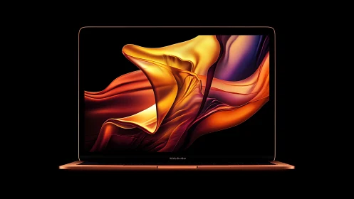 Molten silk waves swirl across a midnight laptop stage.