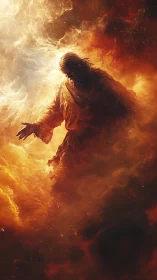 Silhouetted robed figure emerging from fiery cosmic cloud.