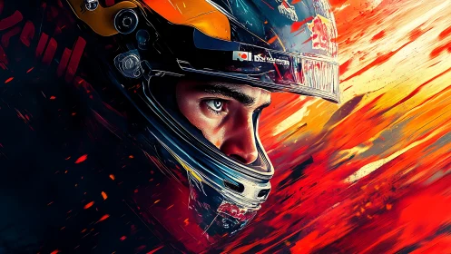 High-intensity racing visor portrait with kinetic color turbulence.