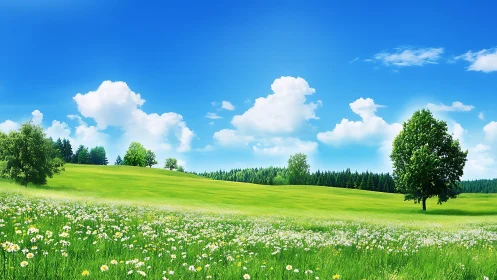 High-saturation meadow landscape with daisies and cumulus clouds