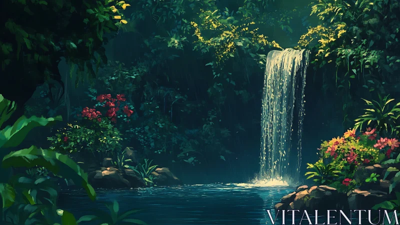 Hidden jungle waterfall hums softly over jewel bright flowers