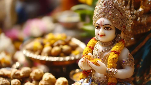 Photorealistic devotional idol with ornate garlands and offerings.
