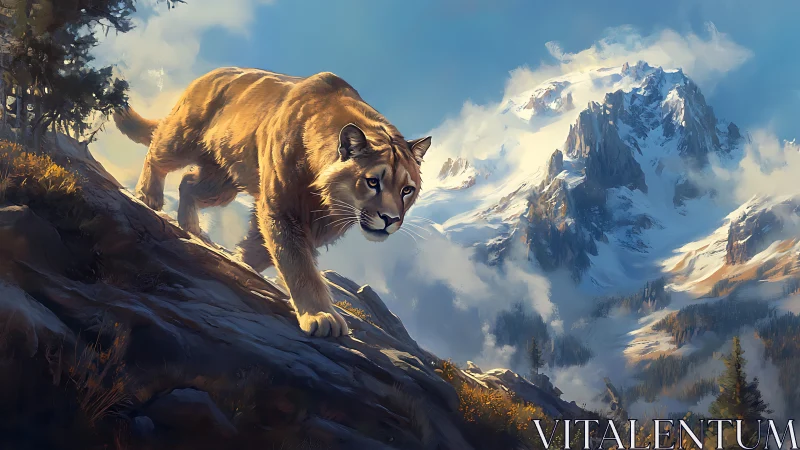 Mountain Lion Traversing Alpine Ridge with Dramatic Peak Backdrop