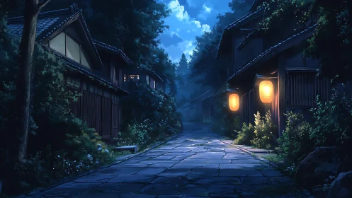 Moonlit village lane with glowing lanterns and whispers of night.