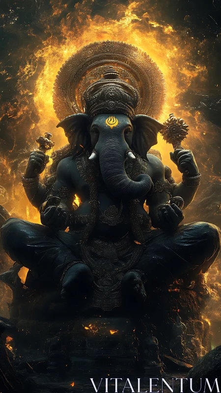 Elephant-headed multi-armed deity rendered in fiery backlight