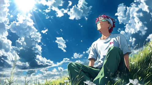 Anime boy under high-contrast cumulus sky with directional sunlight