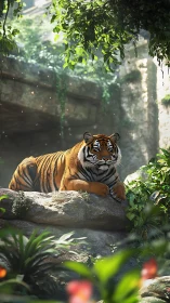 Sunlit jungle tiger resting on mossy rock ledge in repose.