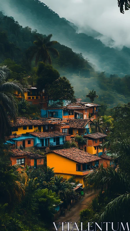 Color-stepped homes climb into misty emerald mountain hush