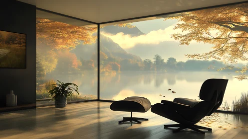 Modern lakefront lounge frames misty autumn panorama.