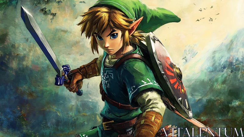 Elf warrior in green tunic with sword and shield poised.