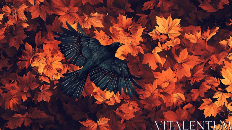 Black bird with spread wings moves over dense orange foliage