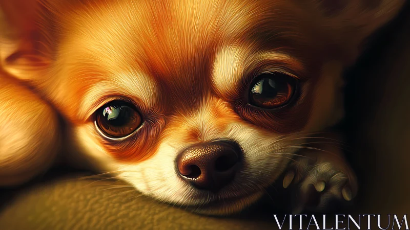Close-up chihuahua portrait with luminous amber eyes.