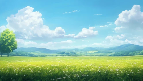 Sunlit meadow whispers beneath slow-drifting summer clouds.