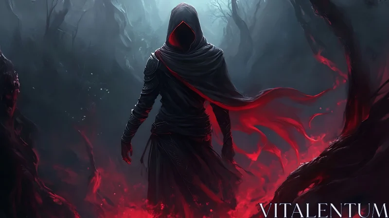 Hooded voidwalker in turbulent red energy forest environment.