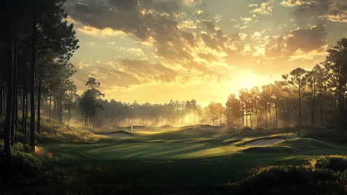 Golden hour panoramic rendering captures misty forest golf green