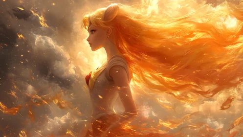 Fiery-haired warrior stands within swirling golden storm