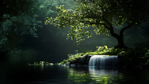 Tranquil forest waterfall with lush tree, soft natural lighting.